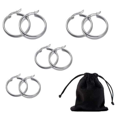 GNALIA 4 Paare Edelstahl Abgerundete Kleine Creolen Set für Damen Niedliche Huggie Ohrringe Nickelfrei 15MM-30MM-Wird mit einem Samtbeutel geliefert von GNALIA