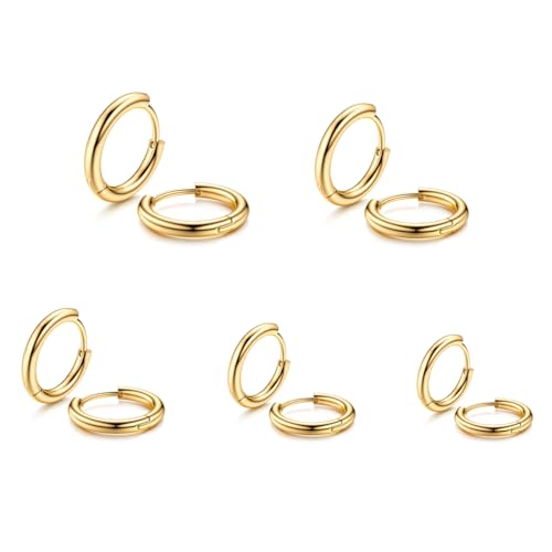 5 PCS Creolen,Edelstahl Ohrringe für Herren Damen,Creolen Set Damen Herren, Klein Creolen Set Zierliche Knorpel Tragus Helix Schlafen Ohrringe 8MM-16MM(Gold) von GNALIA