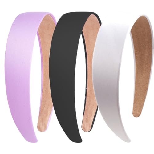 GNALIA 3 Stück Satin Stirnbänder 3 Cm Breit Hartes Kopfband Modisches Solides Stirnband Rutschfest Einfarbig Haarbänder(Schwarz Weiß Lavendelviolett) von GNALIA