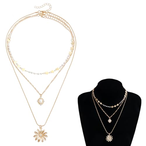 GNALIA Legierung-Layered Necklace Set Made Of High-Quality Alloy Material Fünfzackiger Stern Mit Sonnenblumenmotiv, Dreireihige Halskette Mit Diamantenbesatz Für Frauen Mädchen(Golden) von GNALIA