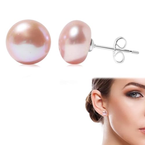 GNALIA Ohrstecker Silber 925, 1 Paar Süßwasserperlen Echt Glänzendes Rosa 7-8Mm Zuchtperlen Ohrringe Für Frauen von GNALIA
