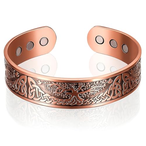 Magnetisches Kupfer Armband, 1 Stück 99,99% Kupfer Magnetarmbänder Armband mit 6 Magneten Massiver Kupfer Armreif Verstellbare Manschettenarmbänder mit Baum und Keltisch Design für Herren Damen von GNALIA