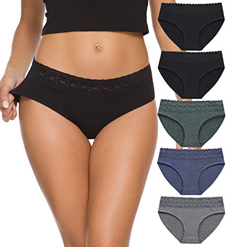 GNEPH Hipster-Höschen aus Baumwolle für Damen, Unterwäsche, Spitzen-Bikini, Hüfthöschen, 5er-Pack (218L-Dunkel-2) von GNEPH