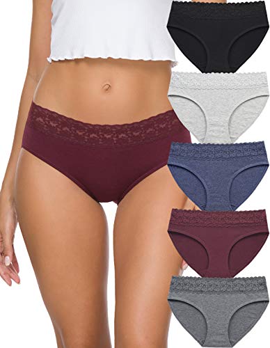 GNEPH Hipster-Höschen aus Baumwolle für Damen, Unterwäsche, Spitzen-Bikini, Hüfthöschen, 5er-Pack (218L-Dunkel-WR) von GNEPH