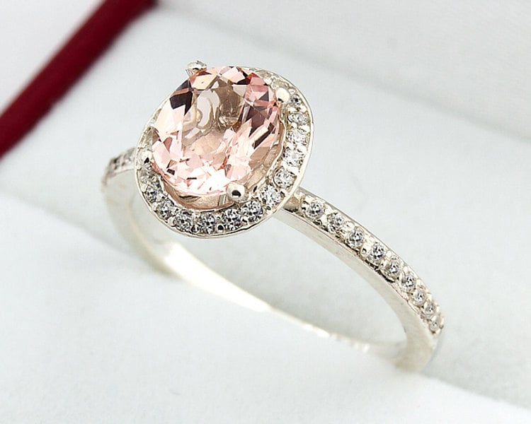 1, 10 Ct 8 X 6 Mm Natürliche Phantasie Farbe Oval Morganit Solide 14K Weißgold Diamant Verlobung Halo Ring-Gem846 von GNGJewel