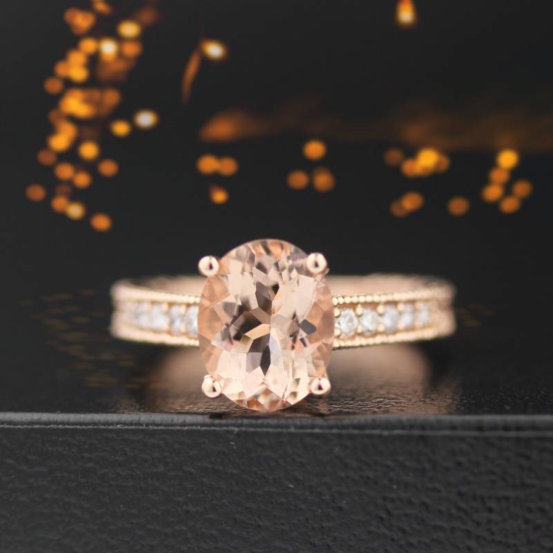 10x8mm Oval Natürliche Morganit 14K Rose Gold Diamant Verlobung Ring-Antiker Stil Gem663 von GNGJewel