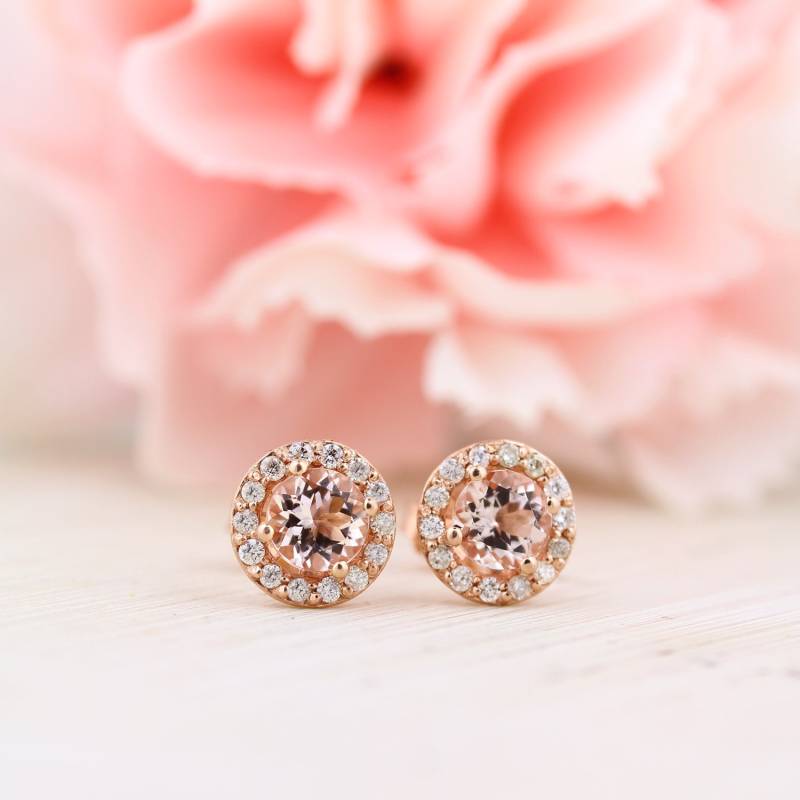 Aaa Morganit Ohrring, Fancy Halo Ohrringe 14K Rose Gold Ohrstecker Mitte 5 Mm Runder Post Ohrring P172 von GNGJewel