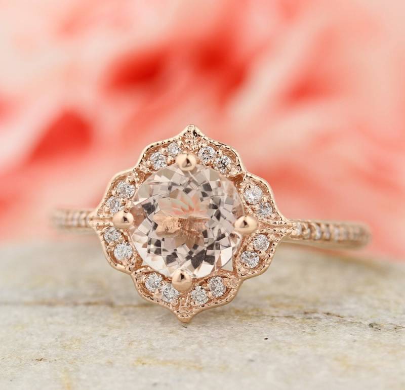 Aaa Morganit Verlobungsring Diamant Ehering Vintage Floral Ring in 14K Rose Gold Gem1224 von GNGJewel