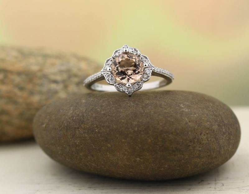 Aaa Morganit Verlobungsring Set Diamant Ehering Vintage Floral Stil in 14K White Gold Gem1224 von GNGJewel