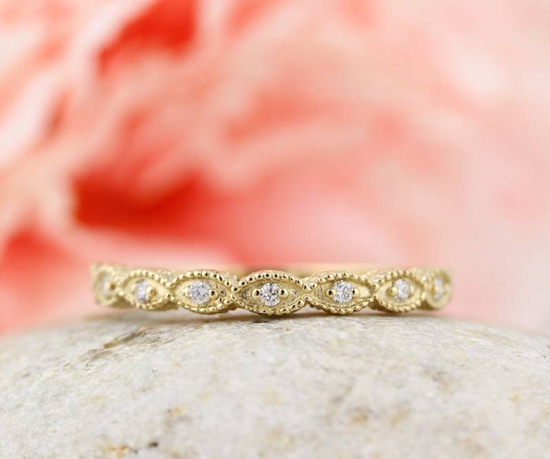 Art Deco Antik Stil Diamant Milgrain 14K Weiß/Gelb/Roségold Halbe Ewigkeit Ehering Ring Aniversary Gem1161 von GNGJewel