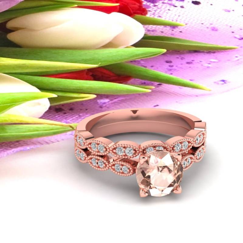 Art-Deco-Antiken Stil Natürliche Morganit Und Diamond Engagement Ring Set, Hochzeit Set Gem1410 von GNGJewel