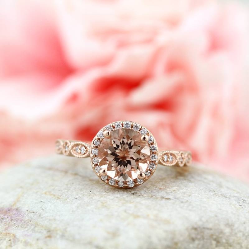Art Deco Milgrain Braut Set Phantasie Aaa Morganit Engagement 14K Rose Gold Hochzeit Gem1160 von GNGJewel