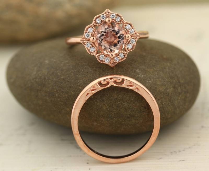 Braut Set Blumenmuster, Die Phantasie Morganit Verlobungsring Mit Milgrain 14 K Rose Gold-Diamant-Halo-Hochzeit 8mm Rund - Gem1141 Set von GNGJewel