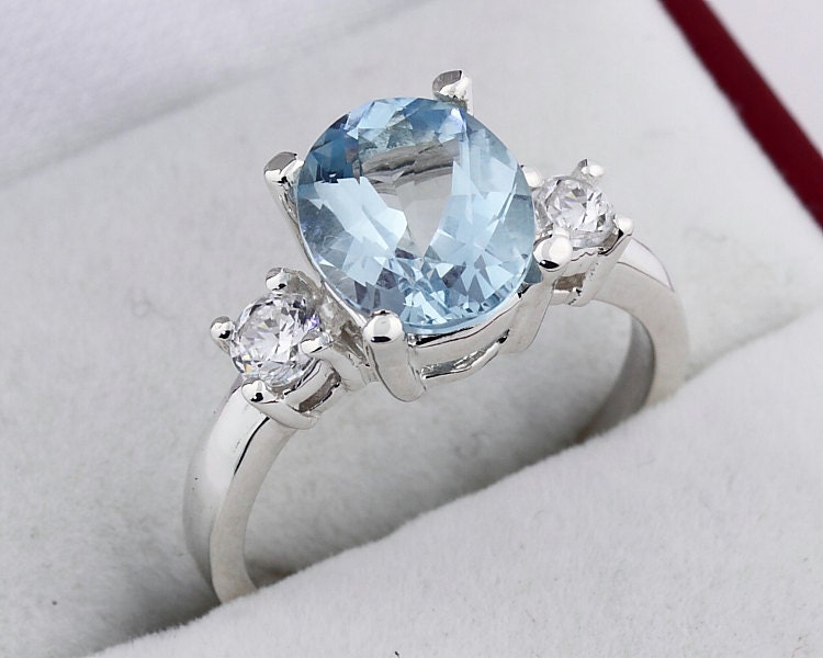 Drei Steine Natürlichen Aaa Aquamarin Solide 14K White Gold Diamond Ring-Gem767 von GNGJewel