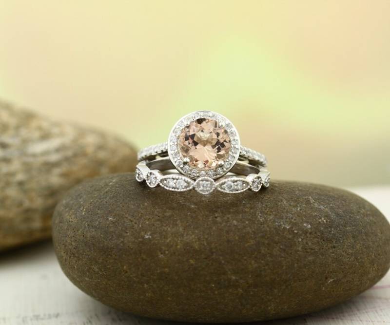 Hochzeits Set Floral Design Aaa Morganit Hochzeit 14K Weißen Ring Mit Artdeco-Band Gem1171 | Rotgold Erhältlich von GNGJewel