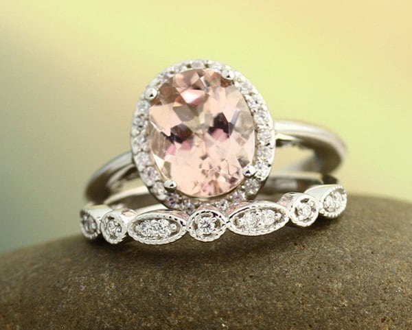 Hochzeits Set Floral Design Aaa Morganit Hochzeit 14K White Gold Ring Mit Artdeco Band(Other Metals & Stone Options Available Gem1121 von GNGJewel