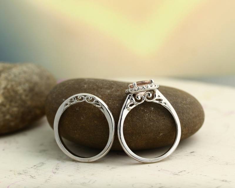 Hochzeits Set Floral Design Morganit Engagement Ring 14K Weissgold Diamant Halo Hochzeit Set(Other Metals & Stone Options Available-Gem1155 von GNGJewel