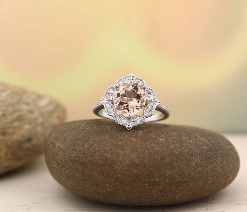 Morganit Verlobungsring Diamant Ehering Vintage Floral Ring Edelstein 8mm Runde 14K Weiß/Rose Gold Gem1322 von GNGJewel