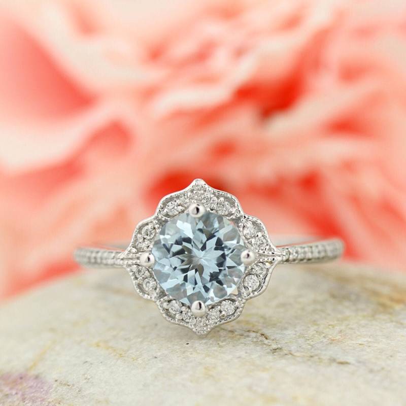 Natürliche Aquamarin Floral Stil Verlobungsring Set, Diamant-Hochzeit-Ring-Set Mit Art-Deco-Hochzeitsband in 14 K Weiß Gold Gem1224-924 von GNGJewel