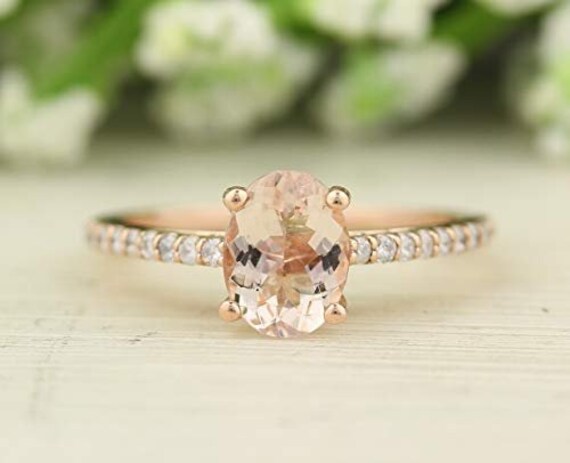 Natürliche Diamant Morganit Kathedrale Stil Verlobungsring Set, Diamant-Hochzeit-Ring-Set, Braut Set 9 X 7mm Oval in 14 K Rose Gold von GNGJewel