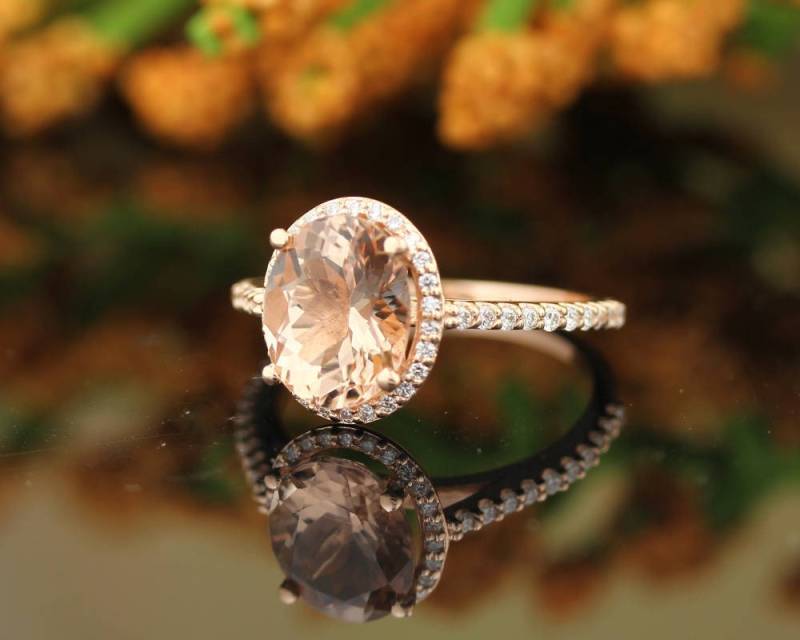 Rosa Morganit 14K Rose Gold Diamant Verlobung Halo Ring Set - Gem824 von GNGJewel