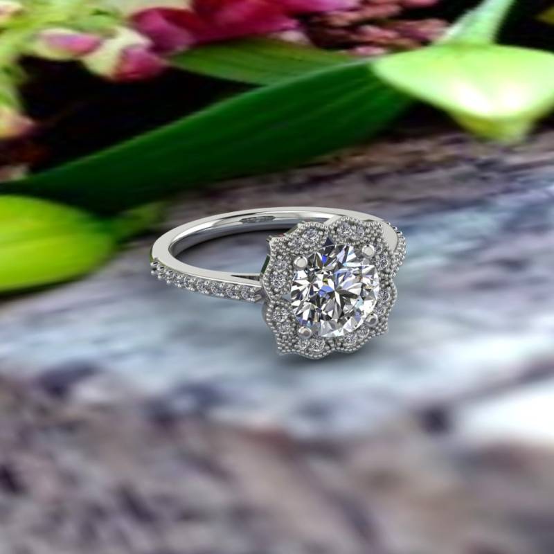 Zertifizierte Moissanite Vintage Floral Stil Verlobungsring Diamant Ehering in 14 K Weißgold Gold 7mm Runde Gem1407 von GNGJewel