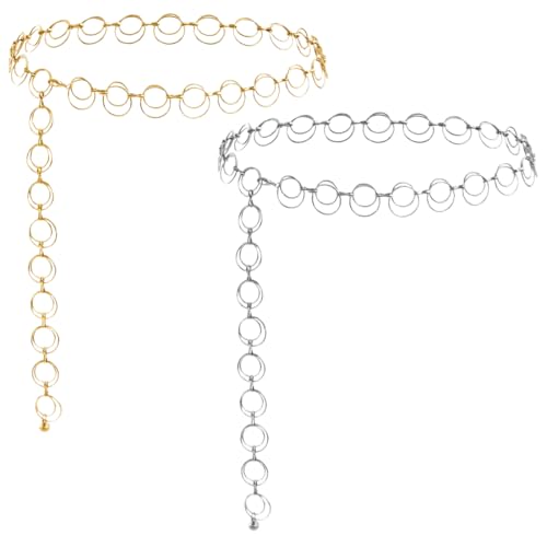 GNHG 2 Stück Doppelringe Kettengürtel Damen, Metall O-Ring Chain Belt,Verstellbare Kettengürtel Silber/Gold,Geeignet für Kombination mit Kleidern, Jeans,Damengeschenk(Silber + Gold) von GNHG