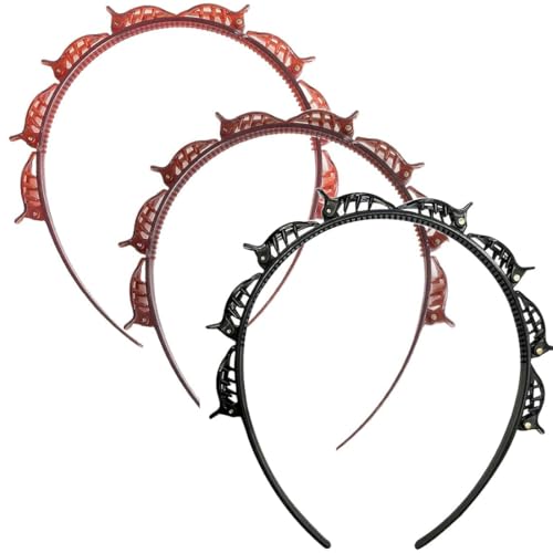 GNHG 3 Stück Haarreif mit Klammern,Geflochtene Stirnbänder,Frisurenhilfe,Hair Accessories Damen,Geeignet für Haare,Pony Fixierung,Multifunktionalität(Schwarz + Dunkelbraun +Hellbraun) von GNHG