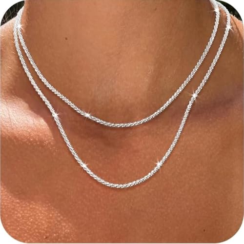 GNHG Kette Damen Silber Halskette Layered Singapurkette Halskette Sterling Silber Stapelbare Halskette Glänzende von GNHG
