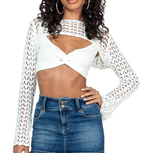 GNMKILUS Y2K Damen Sommer Häkeln Strick Crop Top Langarm Bolero Shrugs Pullover Hollow Out Strand Cover Up Knitwear, L Weiß, Small von GNMKILUS