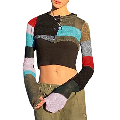 GNMKILUS Y2K Damen Sommer Häkeln Strick Crop Top Langarm Bolero Shrugs Pullover Hollow Out Strand Cover Up Knitwear, Ein schwarz-grünes, L von GNMKILUS