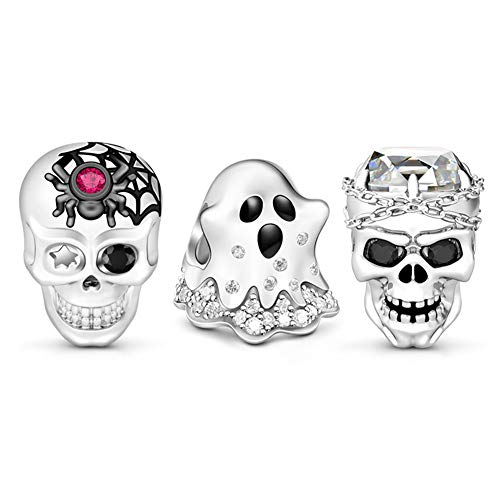 GNOCE [3 Packs] Schädel Geist Charm Anhänger 925 Sterling Silber Perlen Charms für Armbänder Halsketten Halloween von GNOCE