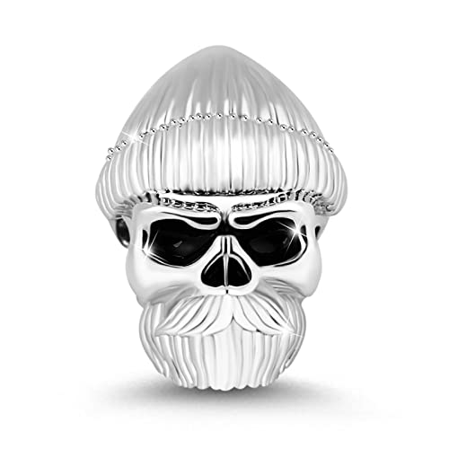 GNOCE 925 Sterling Silber Schädel Charms Totenkopf mit Wollmütze und Schnurrbart Charm Perle passt für Armband Halskette Bestes Geschenk für Vater Damen Herren von GNOCE