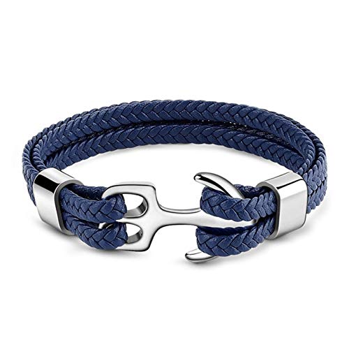 GNOCE Anker Lederarmband für Männer Geflochtenes Echtlederarmband mit Edelstahl Punk Handgelenk Manschette Armband Geschenk für Männer (Blau, 19) von GNOCE