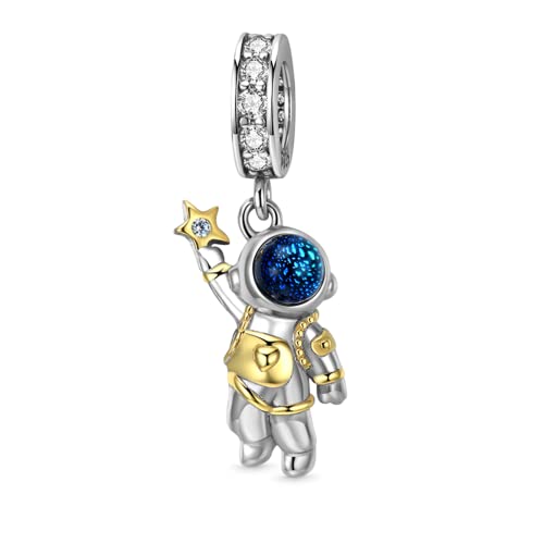 GNOCE Astronaut im Weltraum Anhänger Charm 925 Sterling Silber 18 Karat vergoldet Dangle Charms Fit Armbänder Halskette Schmuck Geschenk für Frauen Männer Mädchen von GNOCE