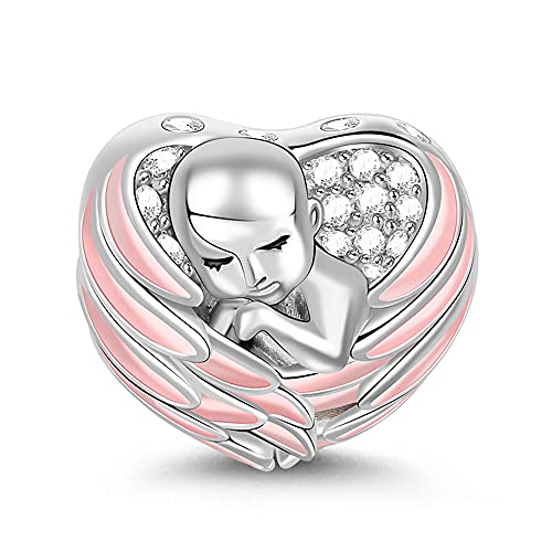 GNOCE Baby Charm Anhänger Mit Rosa Flügel 925 Sterling Silber Schlafendes Baby mit Engelsflügeln Perlen Charm mit Zirkonia für Armband Halskette Schmuck Geschenk für Damen (Rosa) von GNOCE