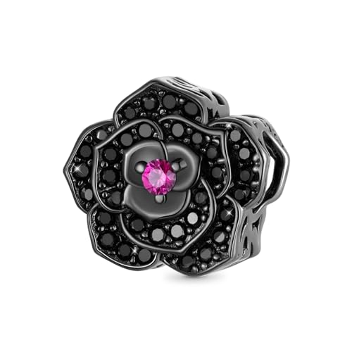 GNOCE Blume Anhänger Charm 925 Sterling Silber Dangle Charms Fit Armbänder/Halskette Schmuck Geschenk Für Frauen Mädchen Ehefrau Tochter (Schwarze Rose) von GNOCE