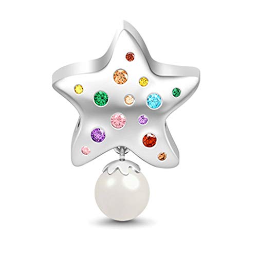 GNOCE Bunter Stern mit Perle Charm Perle Sterling Silber Machen Sie einen Wunsch, wenn Sie die Falling Stars Perle Charm mit CZs passen Armband/Halskette Weihnachtsschmuck Geschenk für Frauen Mädche von GNOCE