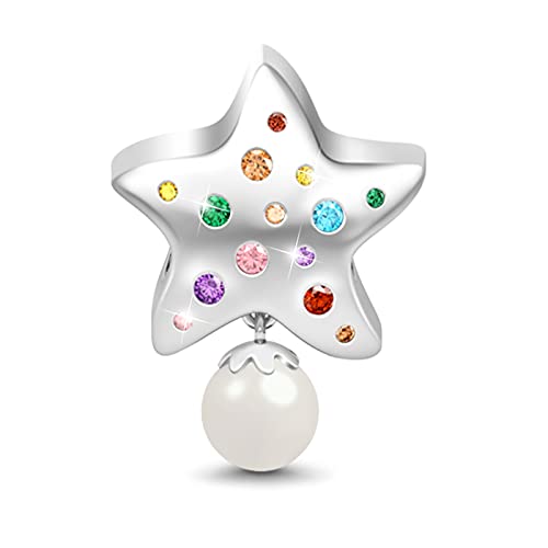 GNOCE Bunter Stern mit Perle Charm Perle Sterling Silber Machen Sie einen Wunsch, wenn Sie die Falling Stars Perle Charm mit CZs passen Armband/Halskette Weihnachtsschmuck Geschenk für Frauen Mädche von GNOCE