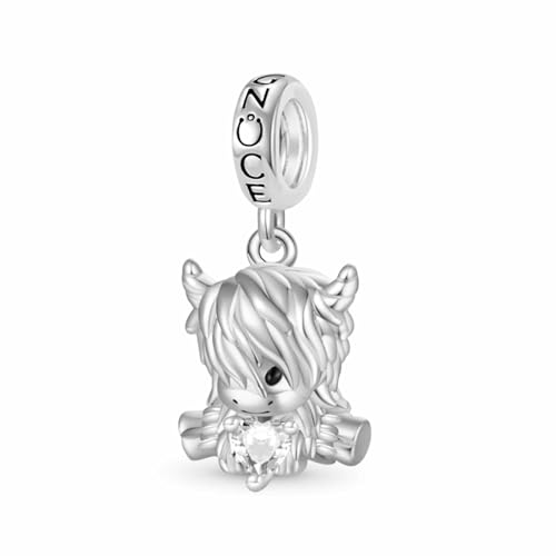 GNOCE Charm Anhänger Hochlandkuh umarmt Herz Geburtsstein Anhänger 925 Sterling Silber Charm Bead Fit Armband/Halskette Schmuck Geschenk für Frauen Mädchen (April-Kristall) von GNOCE