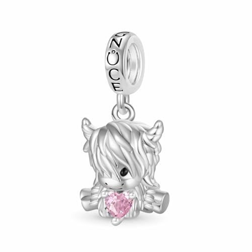 GNOCE Charm Anhänger Hochlandkuh umarmt Herz Geburtsstein Anhänger 925 Sterling Silber Charm Bead Fit Armband/Halskette Schmuck Geschenk für Frauen Mädchen (Oktober-Rosenquarz) von GNOCE