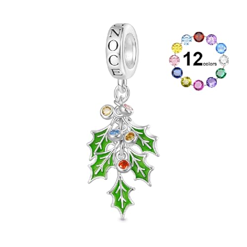 GNOCE Charm Anhänger Weihnachten Grüne Stechpalmen Beeren Anhänger 925 Sterlingsilber Beads Charms Kompatibel mit Europäischen Armbändern und Halskette für Frauen Schmuckgeschenk von GNOCE