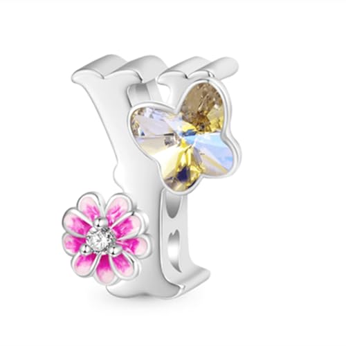 GNOCE Charm Perle Initialen Buchstabe Blume Personalisierter 925 Sterling Silber Charm Schmuck Geschenk für Frauen Mädchen Tochter Fit Schlangenkette Armbänder/Halskette (Y) von GNOCE