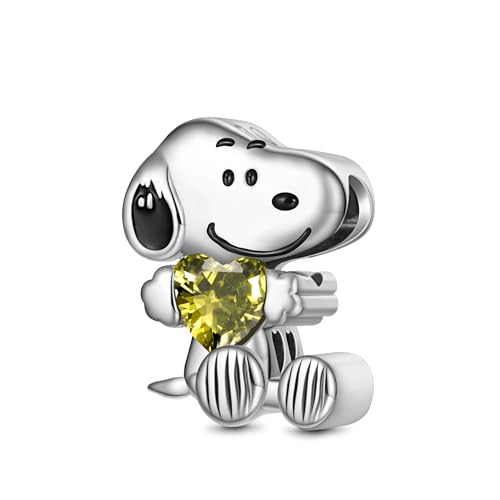 GNOCE Charm Perle Peanuts Snoopy sitzend Umarmung Geburtsstein 925 Sterling Silber Anhänger Charms Fit Armband/Halskette Schmuck Geschenk für Frauen Fans (August-Peridot) von GNOCE