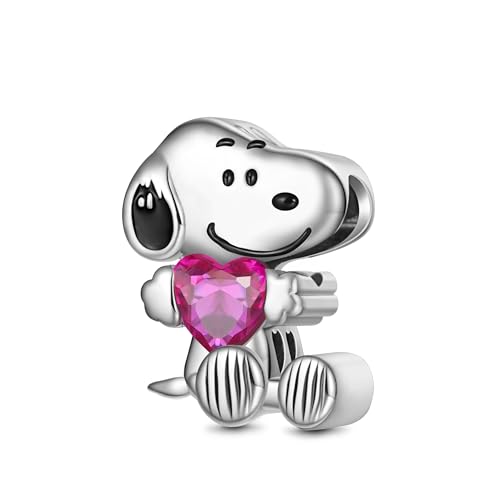 GNOCE Charm Perle Peanuts Snoopy sitzend Umarmung Geburtsstein 925 Sterling Silber Anhänger Charms Fit Armband/Halskette Schmuck Geschenk für Frauen Fans (Juli-Rubin) von GNOCE
