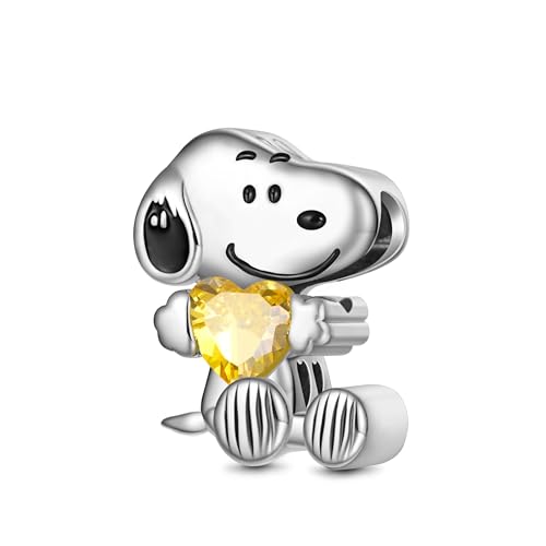 GNOCE Charm Perle Peanuts Snoopy sitzend Umarmung Geburtsstein 925 Sterling Silber Anhänger Charms Fit Armband/Halskette Schmuck Geschenk für Frauen Fans (November-Topas) von GNOCE