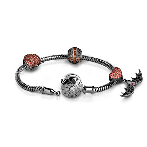 GNOCE Charms Armband Sterling Silber Schwarz überzogene Schlangenkette Basic Charm Armband mit drei einzigartigen schwarzen Schädel Charm Perlen Halloween Schmuck Armreif mit Verschluss (21) von GNOCE