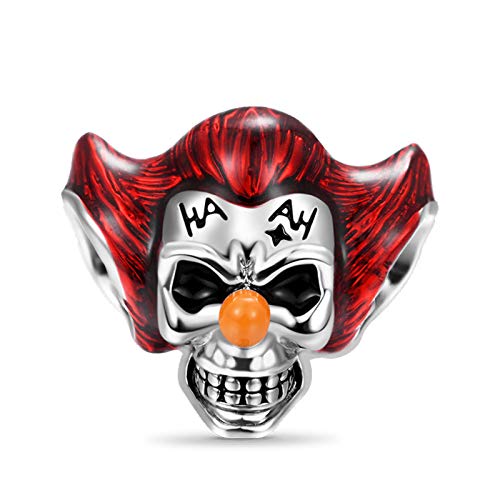 GNOCE Clown Schädel Charm Perle 925 Sterling Silber Joker mit roten Haaren Totenkopf Beads Charm Passt Alle Armbänder und Halsketten Halloween Schmuck Geschenk für Sie von GNOCE