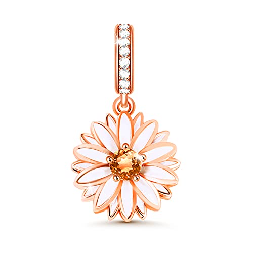 GNOCE Daisy Blumen Charms Anhänger 925 Sterling Silber Perlen 18K Rose Gold plattiertes Fröhlichkeit Charm Schmuck für alle Armbänder Halsketten Geschenke für Damen Mädchen von GNOCE