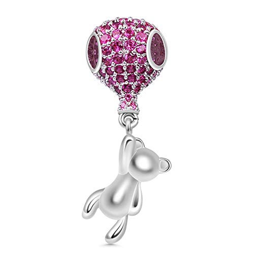 GNOCE Damen 925 Sterling Silber Charm Bär mit Ballon Anhänger mit Rose Rot Czs Fit Alle Armband oder Halskette Geschenke für Mädchen/Kindern/Frau von GNOCE